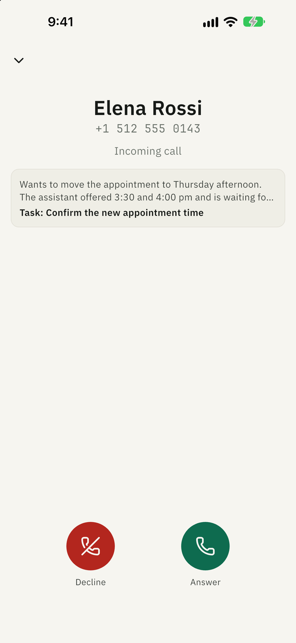 An incoming call in the SIPmind app with the AI summary and the task it left
