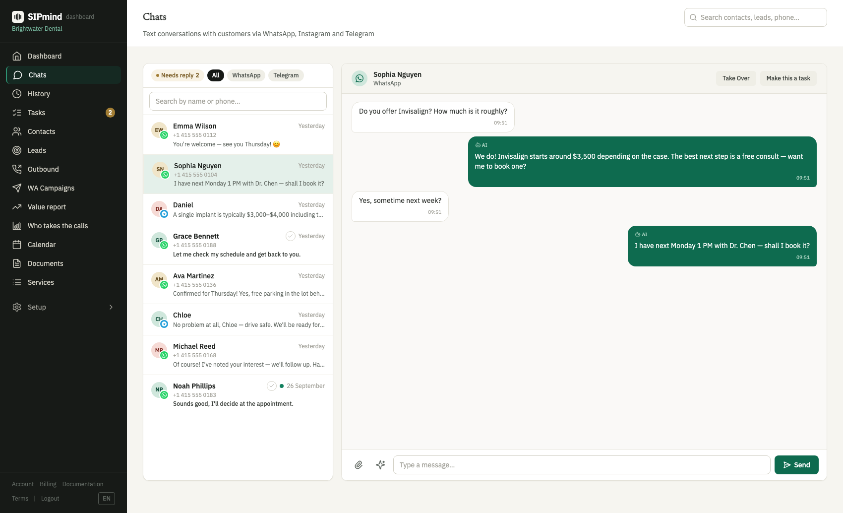 SIPmind inbox: WhatsApp, Telegram and web chats in one list, with the AI's replies and a take-over control